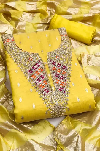 yellow  weaved shimmer silk unstitched dress material 