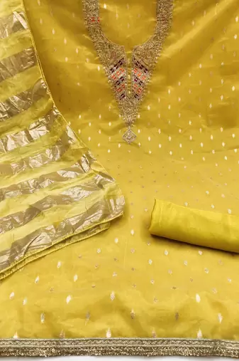 yellow  weaved shimmer silk unstitched dress material 