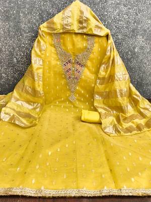 yellow  weaved shimmer silk unstitched dress material  3