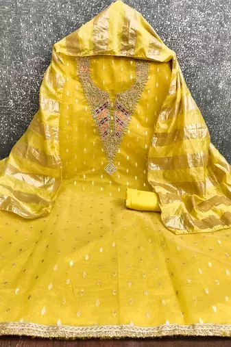 yellow  weaved shimmer silk unstitched dress material 