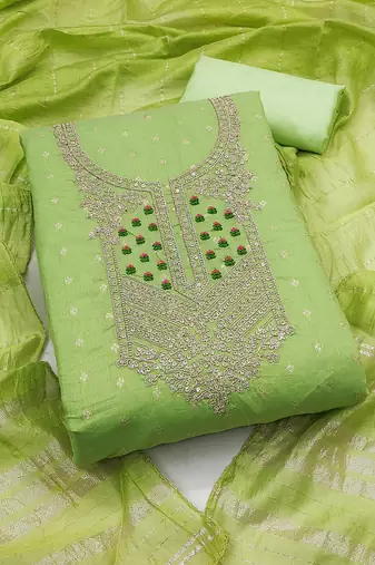 green weaved jacquard unstitched dress material 