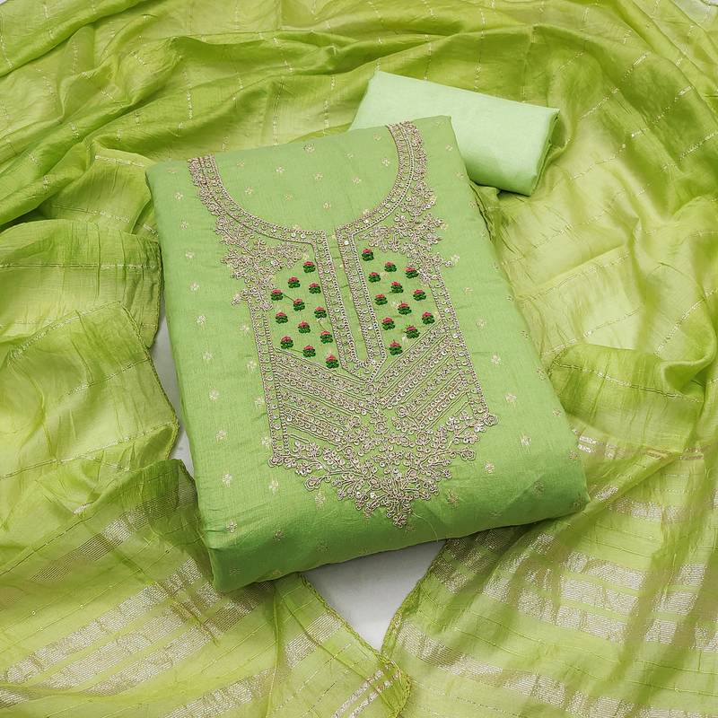 green weaved jacquard unstitched dress material 