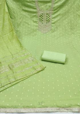 green weaved jacquard unstitched dress material  2