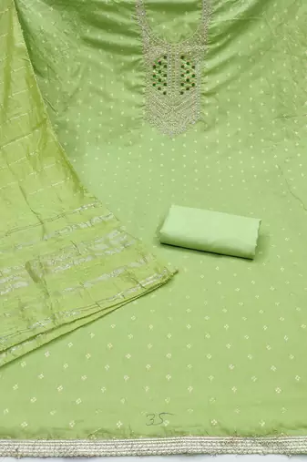 green weaved jacquard unstitched dress material 