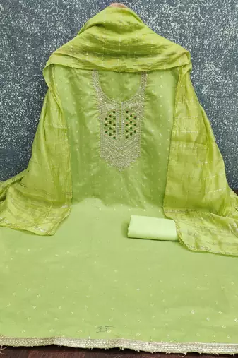 green weaved jacquard unstitched dress material 