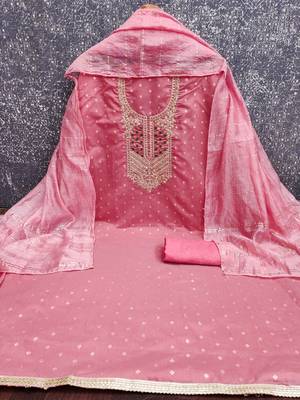 pink weaved jacquard unstitched dress material  3