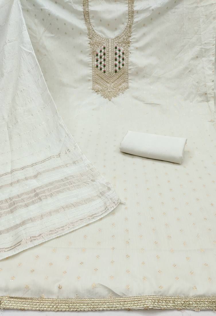 white weaved jacquard unstitched dress material 