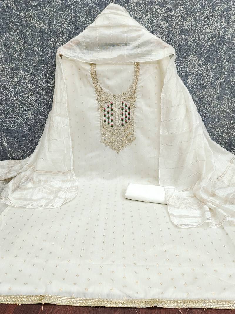 white weaved jacquard unstitched dress material 