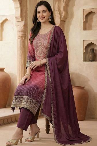 Women Ombre Dyed Regular Sequinned Kurta with Trousers & With Dupatta
