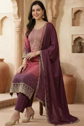 Women Ombre Dyed Regular Sequinned Kurta with Trousers & With Dupatta