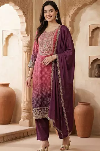 Women Ombre Dyed Regular Sequinned Kurta with Trousers & With Dupatta