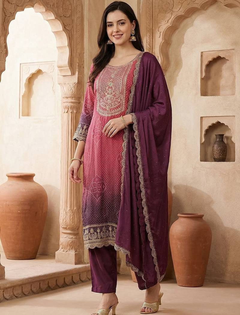 Women Ombre Dyed Regular Sequinned Kurta with Trousers & With Dupatta