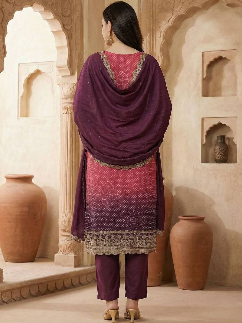 Women Ombre Dyed Regular Sequinned Kurta with Trousers & With Dupatta