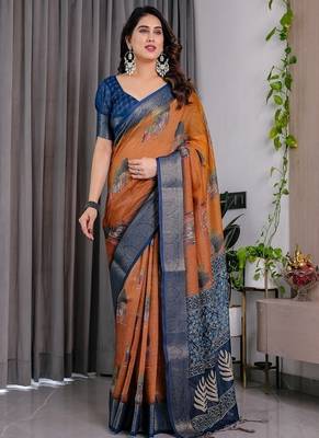 Brown color Digital Printed And Zari Woven Work Linen Saree 1