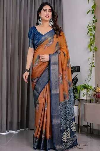 Brown color Digital Printed And Zari Woven Work Linen Saree