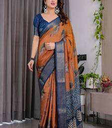 Brown color Digital Printed And Zari Woven Work Linen Saree