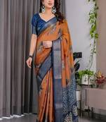 Brown color Digital Printed And Zari Woven Work Linen Saree