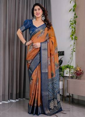 Brown color Digital Printed And Zari Woven Work Linen Saree 2