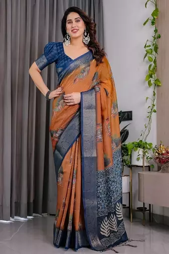 Brown color Digital Printed And Zari Woven Work Linen Saree