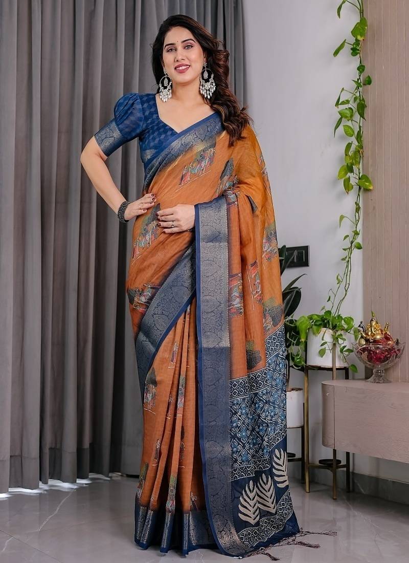 Brown color Digital Printed And Zari Woven Work Linen Saree
