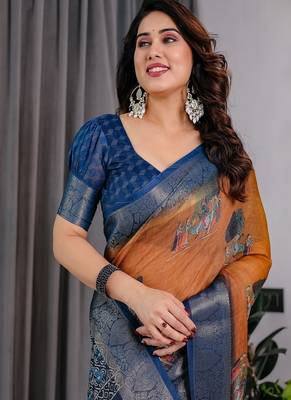 Brown color Digital Printed And Zari Woven Work Linen Saree 5