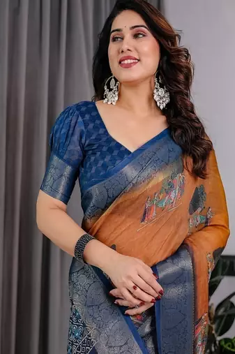 Brown color Digital Printed And Zari Woven Work Linen Saree