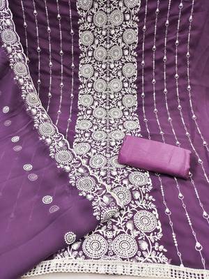 lavender embroidered georgette unstitched dress material  2