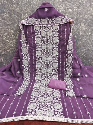 lavender embroidered georgette unstitched dress material  3