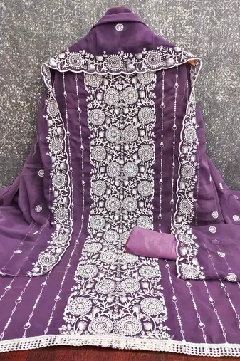 lavender embroidered georgette unstitched dress material 