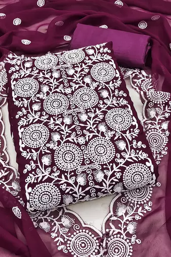 magenta embroidered georgette unstitched dress material 