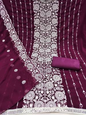 magenta embroidered georgette unstitched dress material  2