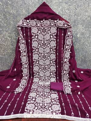 magenta embroidered georgette unstitched dress material  3
