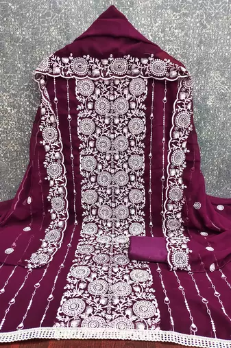 magenta embroidered georgette unstitched dress material 