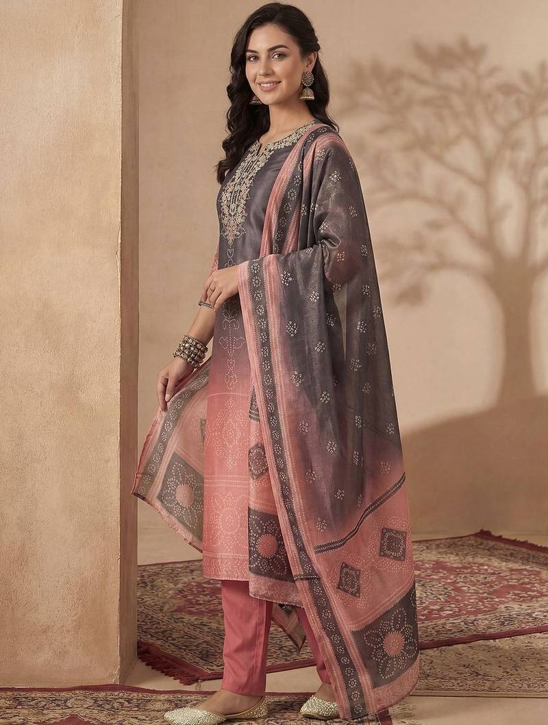 Women Bandhani Embroidered Regular Sequinned Kurta with Trousers & With Dupatta