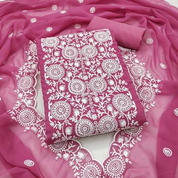 pink embroidered georgette unstitched dress material  1
