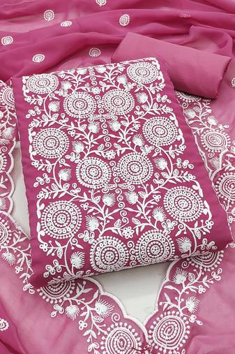pink embroidered georgette unstitched dress material 