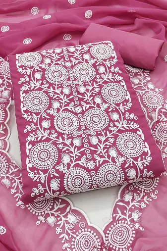 pink embroidered georgette unstitched dress material 