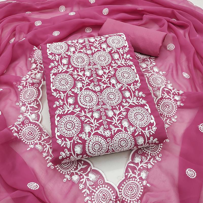 pink embroidered georgette unstitched dress material 