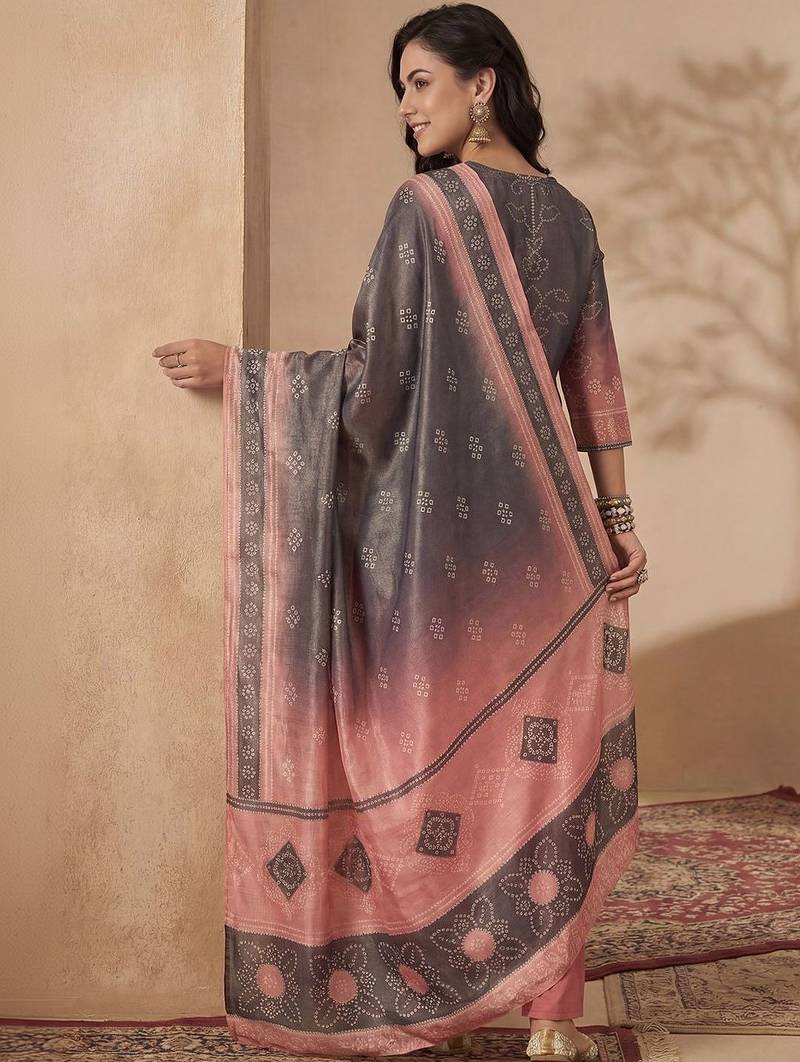 Women Bandhani Embroidered Regular Sequinned Kurta with Trousers & With Dupatta