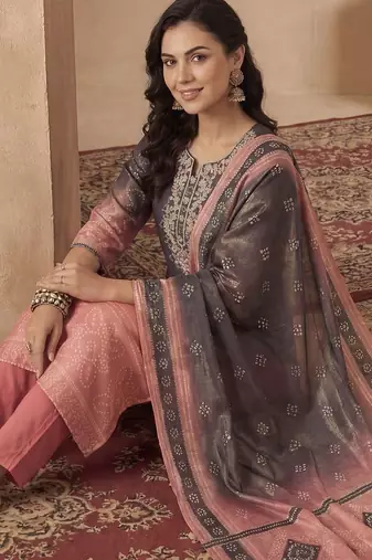 Women Bandhani Embroidered Regular Sequinned Kurta with Trousers & With Dupatta