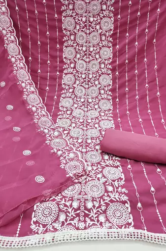 pink embroidered georgette unstitched dress material 