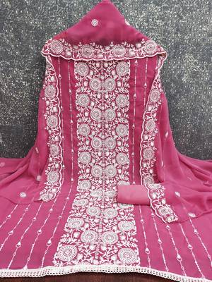 pink embroidered georgette unstitched dress material  3