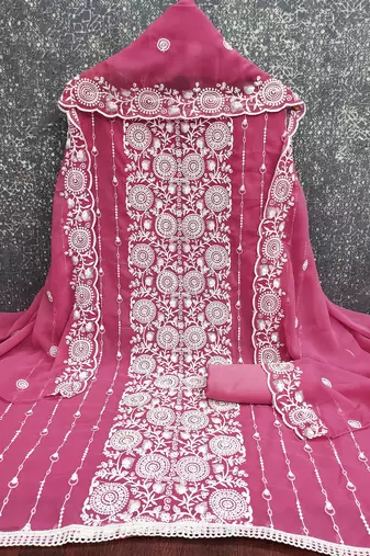 pink embroidered georgette unstitched dress material 