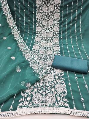 sea green embroidered georgette unstitched dress material  2