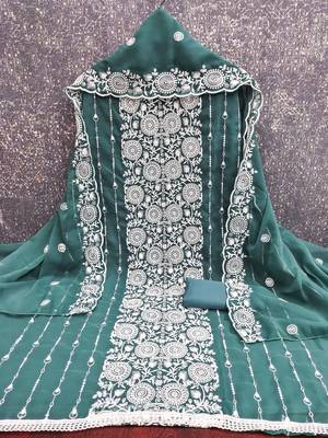 sea green embroidered georgette unstitched dress material  3