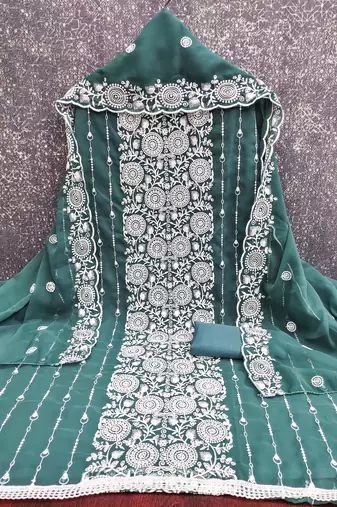 sea green embroidered georgette unstitched dress material 