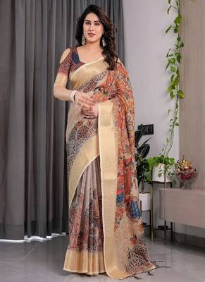 Cream color Digital Printed And Zari Woven Work Linen Saree 1