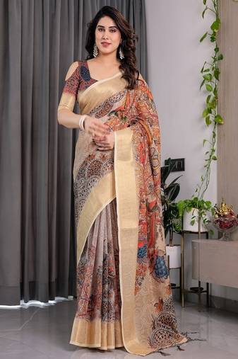 Cream Digital Printed And Zari Woven Work Linen Saree