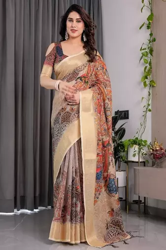 Cream color Digital Printed And Zari Woven Work Linen Saree