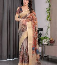 Cream color Digital Printed And Zari Woven Work Linen Saree